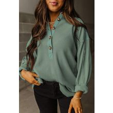 Smoke Green Waffle Long Sleeve Collar Half Button Loose Top