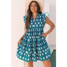 Blue Retro Floral Print Split Neck Ruffle Short Sleeve Dress