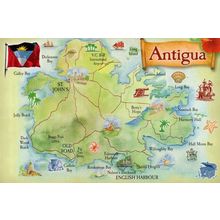 Antigua Map Flag Airport Nelsons Dockyard Ship Cartography Postcard