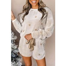 White Plush Star Pattern Long Sleeve Pullover and Shorts Lounge Set