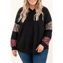 Black Plus Size Leopard Patchwork Strappy Neck Top