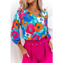 Multicolor Floral Print V Neck 3/4 Sleeve Blouse