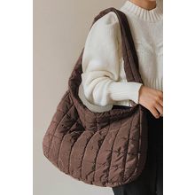 Coffee Quilted Zipper Large Shoulder Bag