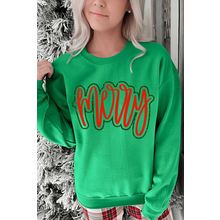 Dark Green Merry Print Fleece Lined Drop Shoulder Christmas Sweatshirt