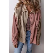 Mineral Red Color Block Chest Pockets Buttoned Corduroy Shacket