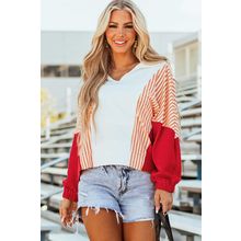 White Striped Color Block Collared V Neck Oversized Sweatshirt