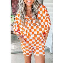 Orange Checkerboard Print V Neck Loose Tee and Shorts Lounge Set