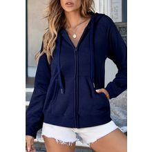 Navy Blue Solid Color Fleece Lined Zip up Hoodie