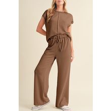 Coffee Solid Color Corded Short Sleeve Top and Casual Pants Set