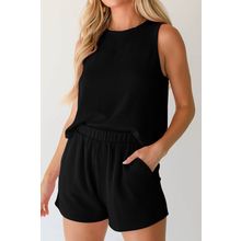 Black Corded Sleeveless Top and Pocketed Shorts Set