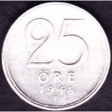 1946 Sweden 25 Ore Silver Coin