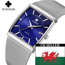 Gents Blue Thin Square Face Date Silver Stainless Steel Milanese Strap Watch