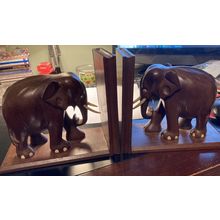 Carved Wood Elephant Bookends with Tusks