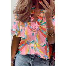 Multicolor Abstract Geometry Print Frilled V Neck Blouse