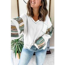 White Striped Patchwork Exposed Seam Waffle Knit Top