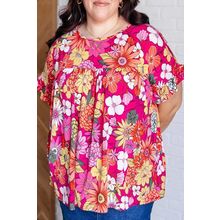 Rose Plus Size Floral Print Ruffle Short Sleeve Blouse