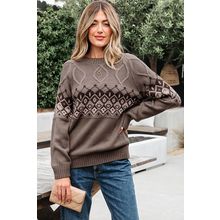 Light French Beige Western Geometric Patterned Crew Neck Knitted Sweater