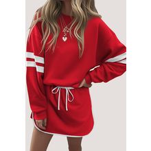 Fiery Red Varsity Stripe Detail Drop Shoulder Pullover Mini Skirt Set