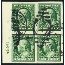 343, Used 1¢ Superb Block of Four With PL# * Stuart Katz