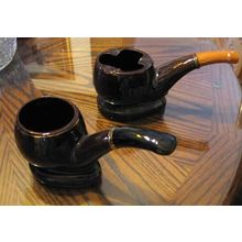 2 VINTAGE NATIONAL POTTERIES & NEIDCO JAPAN BROWN CERAMIC PIPE SHAPED ASHTRAYS