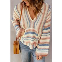 Multicolor Striped Knit Kangaroo Pocket Hooded Sweater