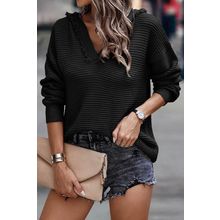 Black V Neck Ribbed Drop Shoulder Hooded Sweater