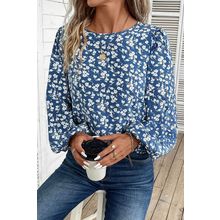 Blue Ditsy Floral Print Lantern Sleeve Blouse