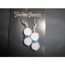 Unique off white round 10mm glass with ink blue rhinestone spacer earrings