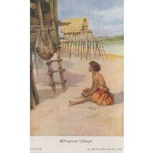 A Papuan Village Antique Linen Postcard