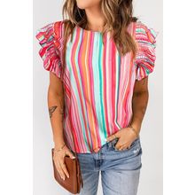 Stripe Abstract Print Stitching Ruffle Sleeve Blouse