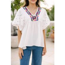 White Embroidered Puff Sleeve V Neck Blouse
