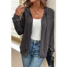 Dark Grey Ribbed Zip Up Front Drawstring Hoodie