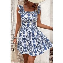 Blue Floral Print Ruffled Tied Backless A-line Mini Dress