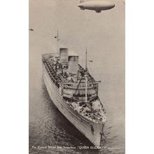 Queen Elizabeth Superliner Ship With Dirigible Airship Postcard