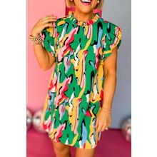 Green Abstract Print Frilled Neck Ruffled Sleeve Mini Dress