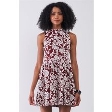 Women's Burgundy & White Floral Crew Neck Sleeveless Fitted Mini Dress