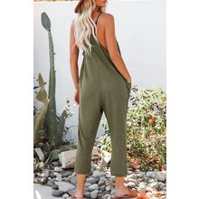 Green Textured Sleeveless V-Neck Pocketed Casual Jumpsuit