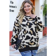 Leopard Ribbed Trim Pocketed Plus Size Sweater