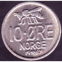 1967 Norway 10 Ore Coin