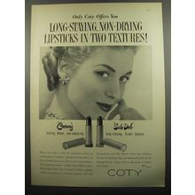 1951 Coty Creamy and Sub-Deb Lipstick Ad - Only Coty offers you long-staying