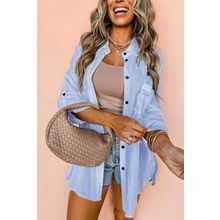 Sky Blue Stripe Roll-tab Sleeve Pocketed Long Shirt