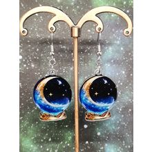Crystal Ball Style With Moon And Stars Silver Plated Earrings