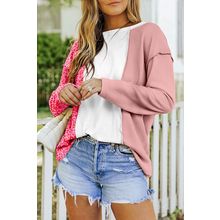 Pink Waffle Knit Exposed Seam Leopard Colorblock Print Top
