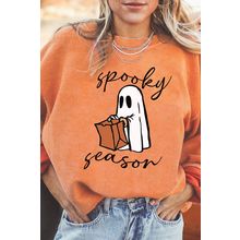 Orange Spooky Season Ghost Print Ribbed Pullover Sweatshirt