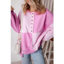 Pink Colorblock Henley High Low Oversize Sweatshirt