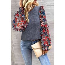 Blue Ruffle Tiered Floral Sleeve Crew Neck Blouse