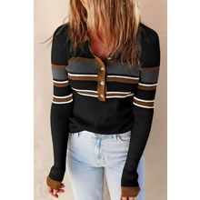 Black Rib Knitted Stripe Detail Henley Sweater