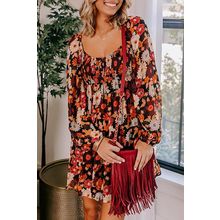 Multicolour Smocked High Waist Long Sleeve Floral Dress