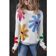 White Colorful Big Flower Pattern Crewneck Sweater
