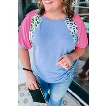 Sky Blue Leopard Print Patch Colorblock Plus Size T Shirt